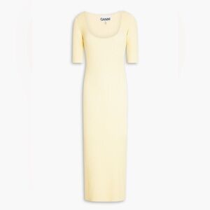 Ganni melange Pale Yellow Ribbed Scoop-Neck Knit midi Dress size medium